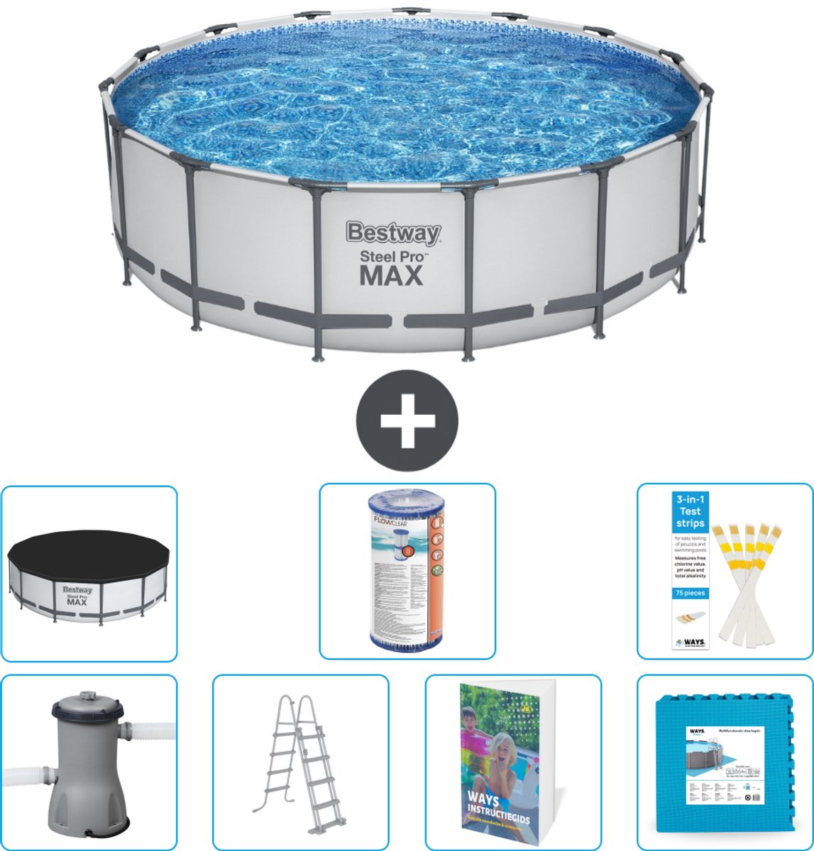 Bestway Rond Steel Pro MAX Zwembad - 457 x 122 cm - Grijs - Inclusief Pomp - Ladder - Afdekzeil - Filter - Vloertegels - 8-delig