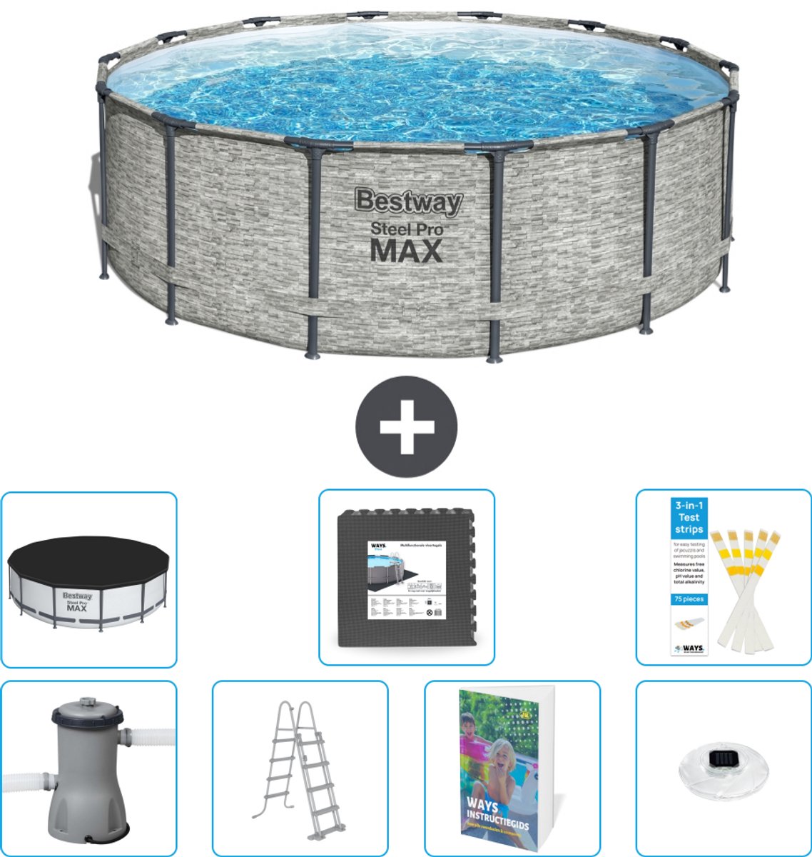 Bestway Rond Steel Pro MAX Zwembad - Steenprint - 427 x 122 cm - Inclusief Pomp - Ladder - Afdekzeil - Vloertegels - Verlichting - 8-delig