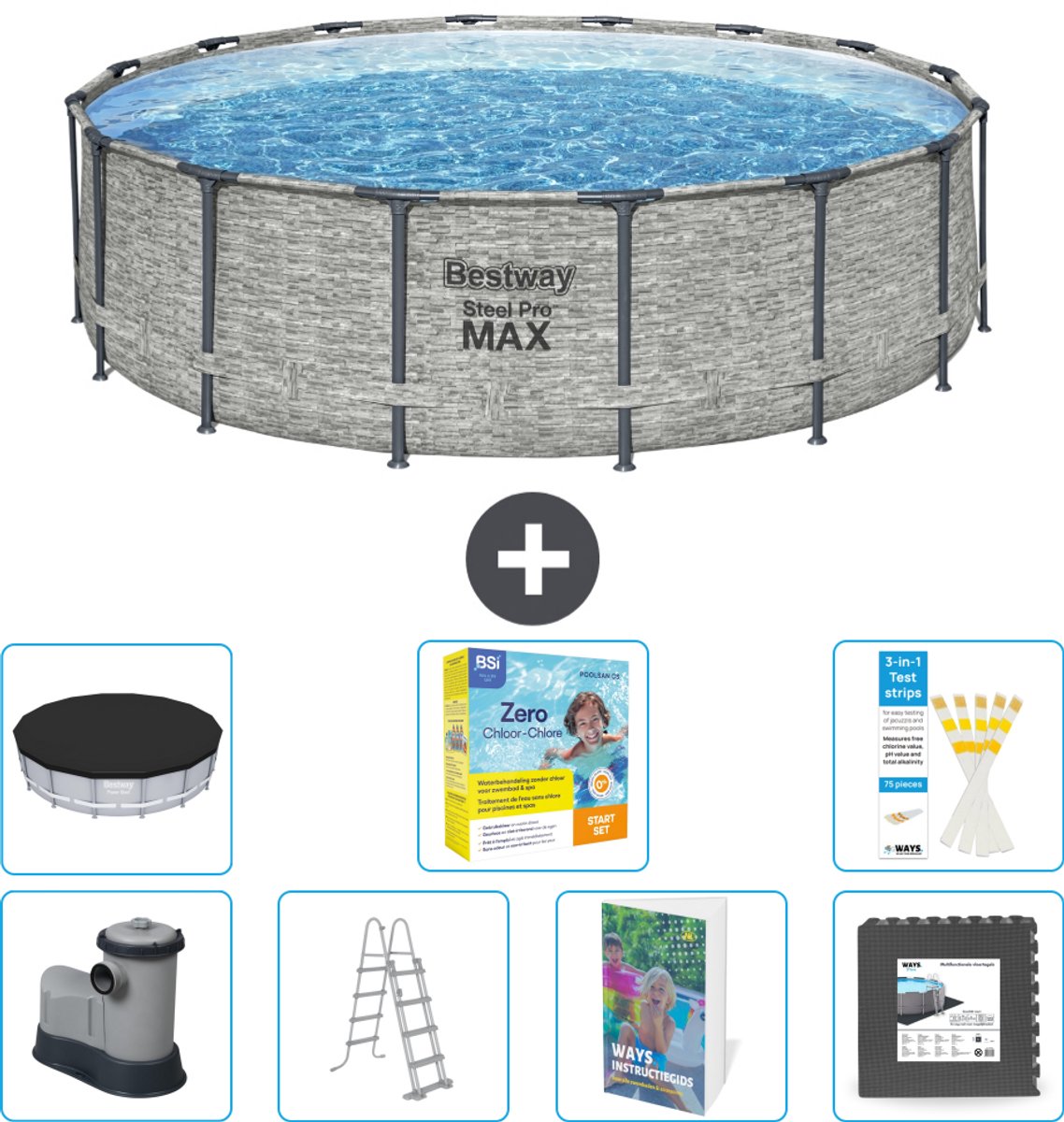 Bestway Rond Steel Pro MAX Zwembad - Steenprint - 488 x 122 cm - Inclusief Pomp - Ladder - Afdekzeil - Onderhoudspakket - Vloertegels - 8-delig