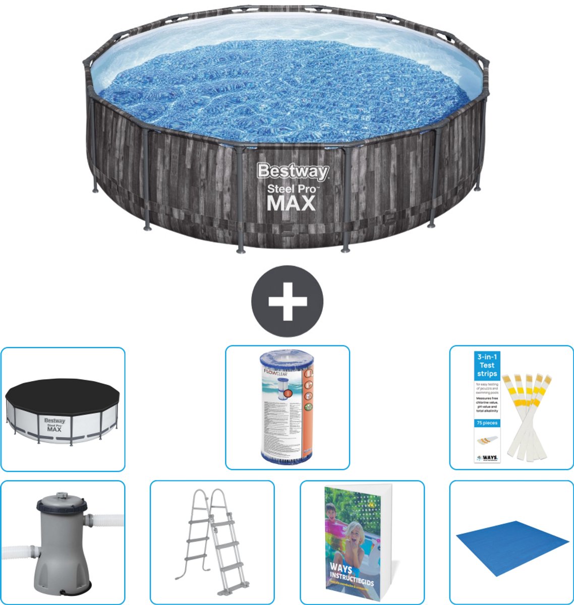 Bestway Rond Steel Pro MAX Zwembad - Houtprint - 427 x 107 cm - Inclusief Pomp - Ladder - Afdekzeil - Filter - Grondzeil - 8-delig