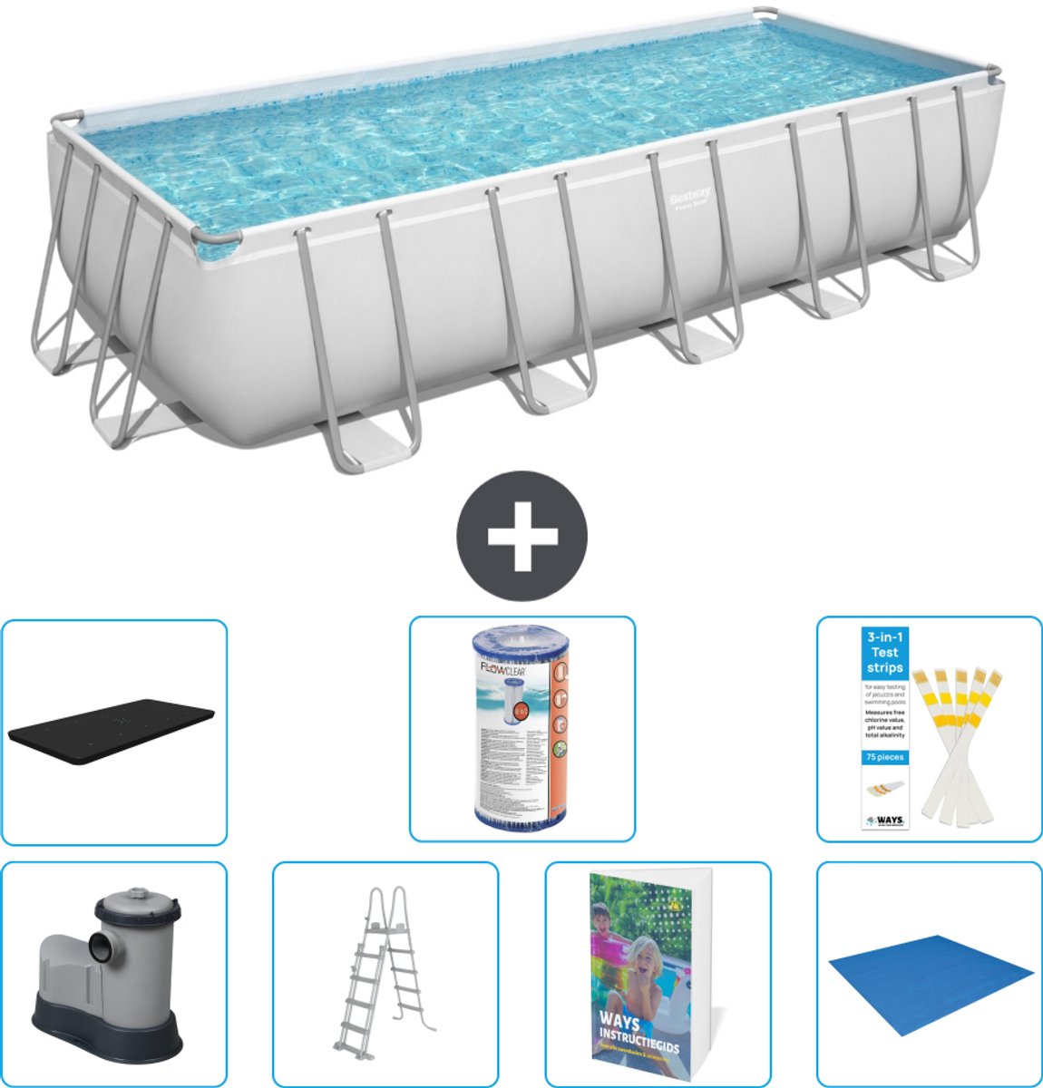 Bestway Rechthoekig Power Steel Zwembad - 640 x 274 x 132 - Grijs - Inclusief Pomp - Ladder - Afdekzeil - Filter - Grondzeil - 8-delig