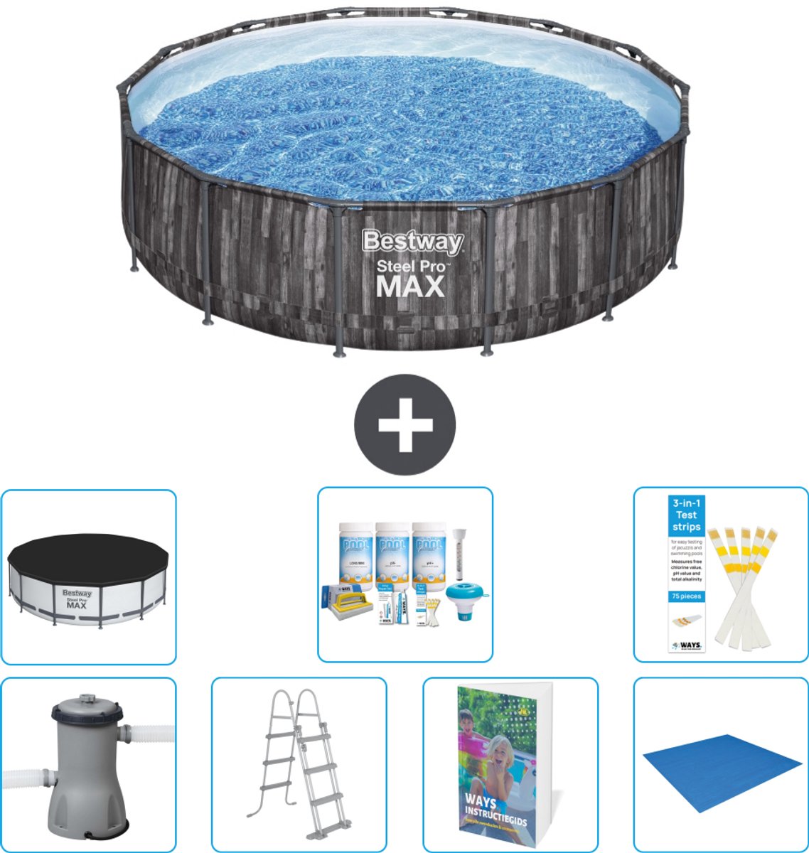 Bestway Rond Steel Pro MAX Zwembad - Houtprint - 427 x 107 cm - Inclusief Pomp - Ladder - Afdekzeil - Onderhoudspakket - Grondzeil - 8-delig