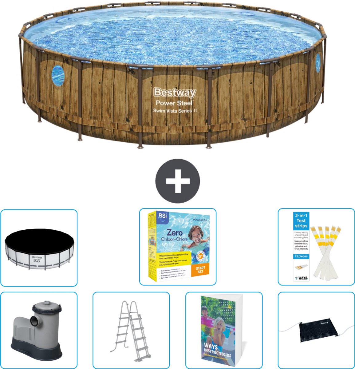 Bestway Rond Power Steel Swim Vista Zwembad - Houtprint - 549 x 122 - Inclusief Pomp - Ladder - Afdekzeil - Onderhoudspakket - Solar Mat - 8-delig