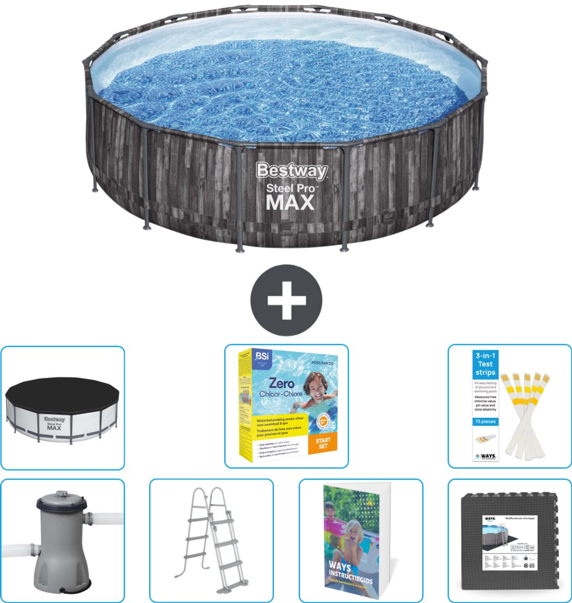Bestway Rond Steel Pro MAX Zwembad - Houtprint - 427 x 107 cm - Inclusief Pomp - Ladder - Afdekzeil - Onderhoudspakket - Vloertegels - 8-delig