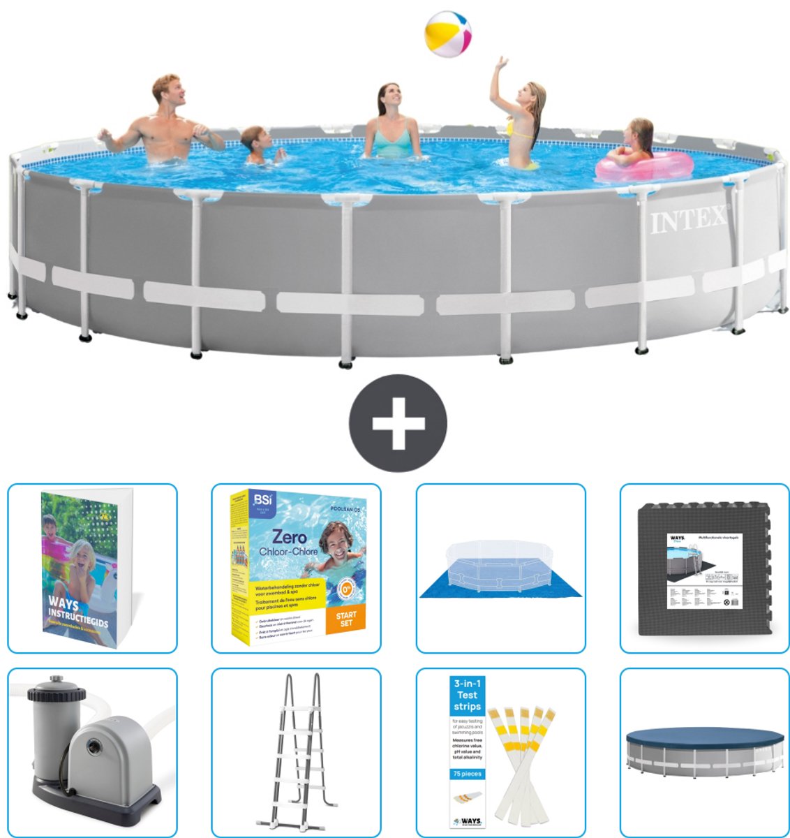 Intex Rond Prism Frame Zwembad - 610 x 132 cm - Grijs - Inclusief Pomp - Ladder - Grondzeil - Afdekzeil - Onderhoudspakket - Vloertegels - 9-delig