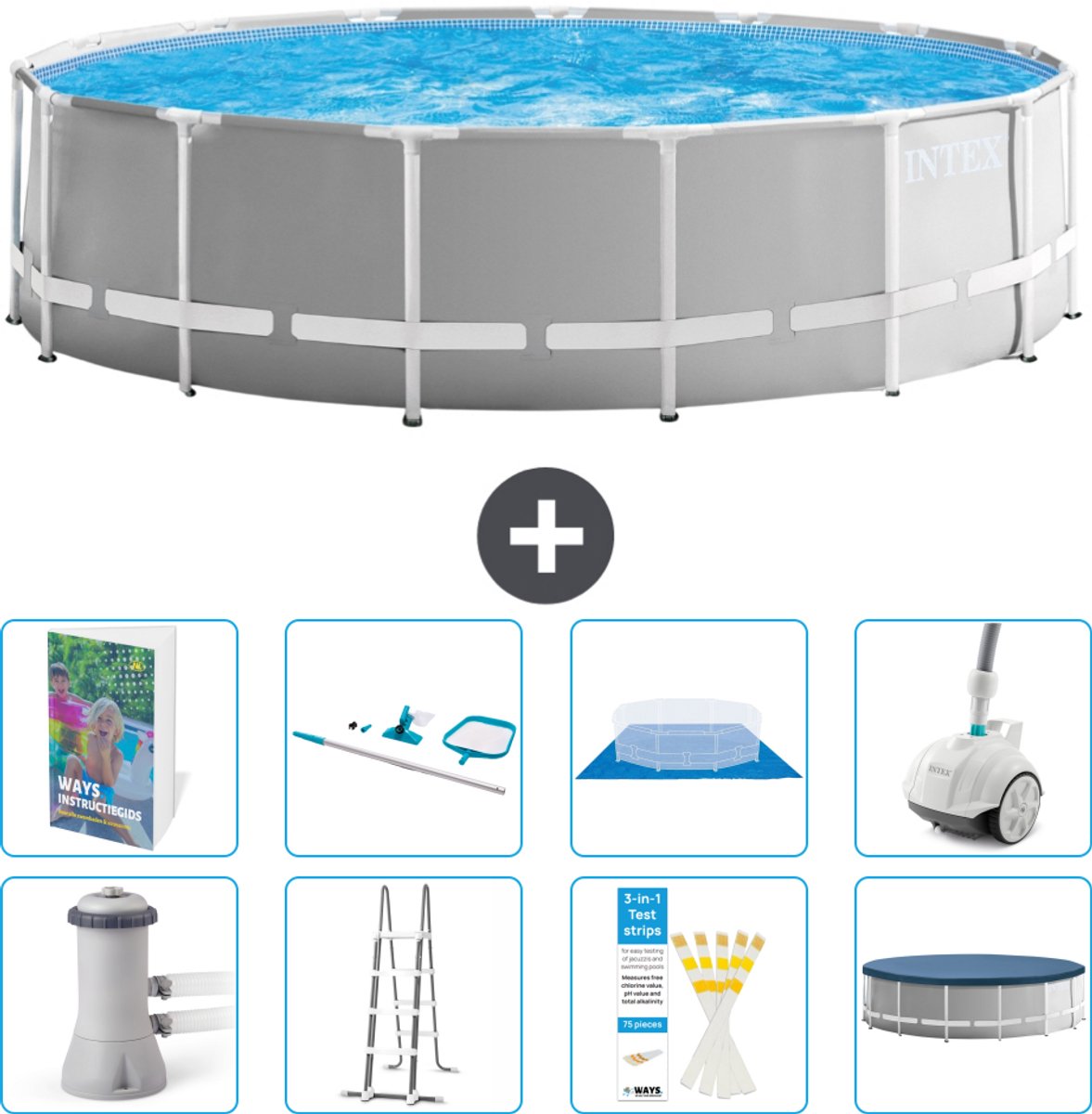 Intex Rond Prism Frame Zwembad - 457 x 122 cm - Grijs - Inclusief Pomp - Ladder - Grondzeil - Afdekzeil - Schoonmaakset - Stofzuiger - 9-delig