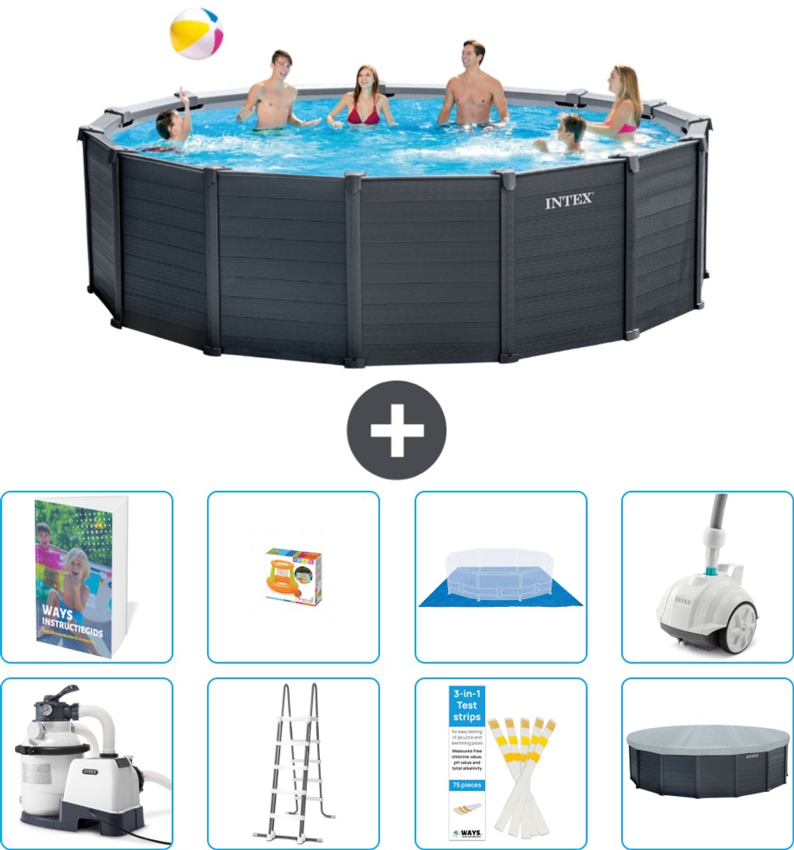 Intex Rond Graphite Gray Panel Zwembad - 478 x 124 cm - Inclusief Pomp - Ladder - Grondzeil - Afdekzeil - Speelgoed - Stofzuiger - 9-delig