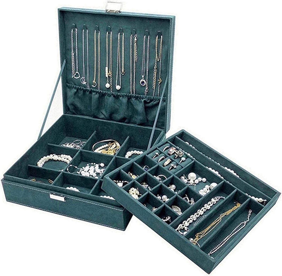 Sieradenopbergdoos voor Vrouwen, Twee Laags Sieraden Display met 8 Hangers en Verwijderbare Verdeler voor Oorbellen, Armbanden, Ringen en Horloges - Groen