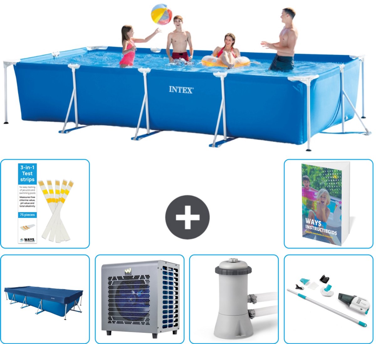 Intex Rechthoekig Frame Zwembad - 450 x 220 x 84 cm - Blauw - Inclusief Afdekzeil - Warmtepomp - Zwembadfilterpomp - Stofzuiger - 7-delig