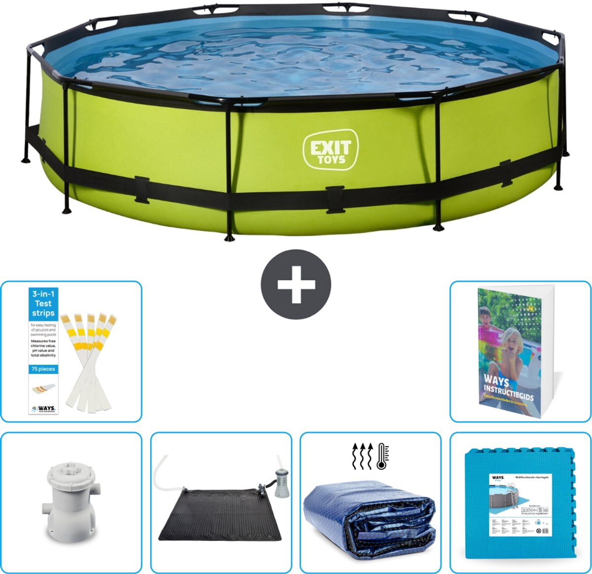 EXIT Rond Lime Frame Zwembad - 360 x 76 cm - Inclusief Pomp - Solar Mat - Solarzeil - Vloertegels - 7-delig