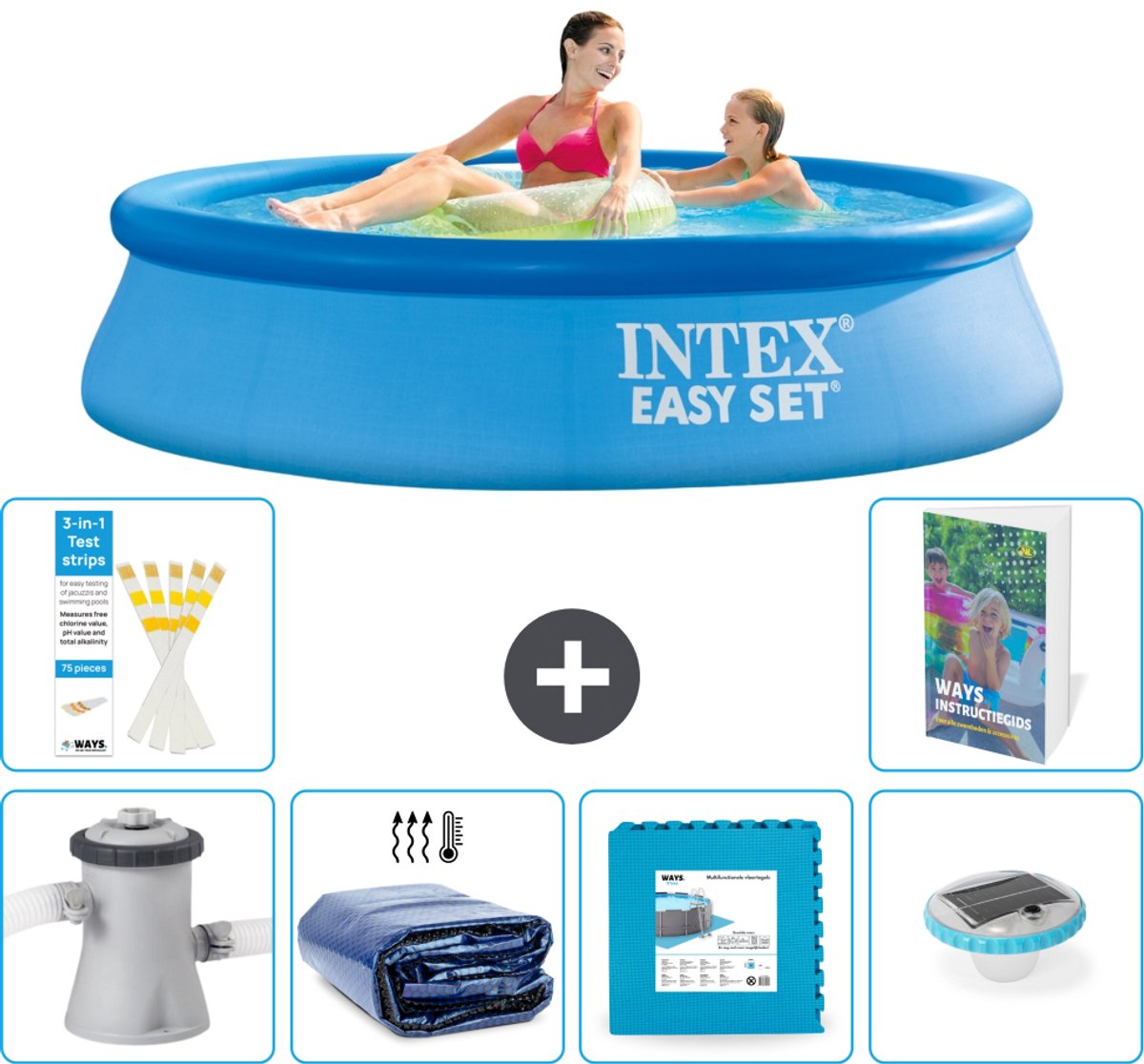 Intex Rond Opblaasbaar Easy Set Zwembad - 244 x 61 cm - Blauw - Inclusief Pomp - Solarzeil - Vloertegels - Verlichting - 7-delig