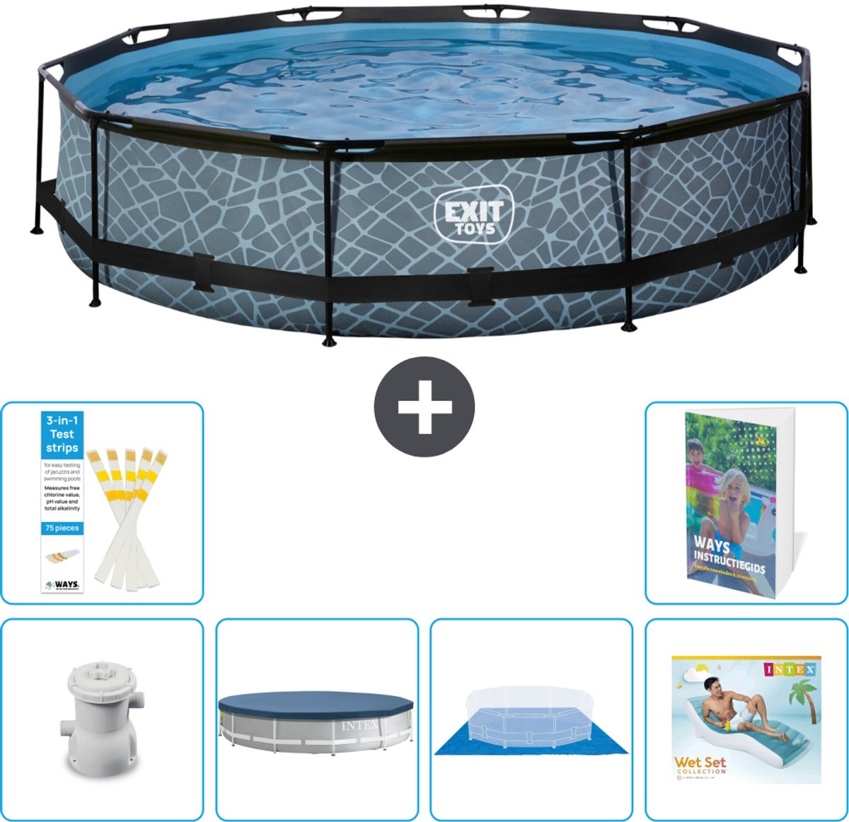 EXIT Rond Stone Frame Zwembad - 360 x 76 cm - Inclusief Pomp - Afdekzeil - Grondzeil - Loungebed - 7-delig