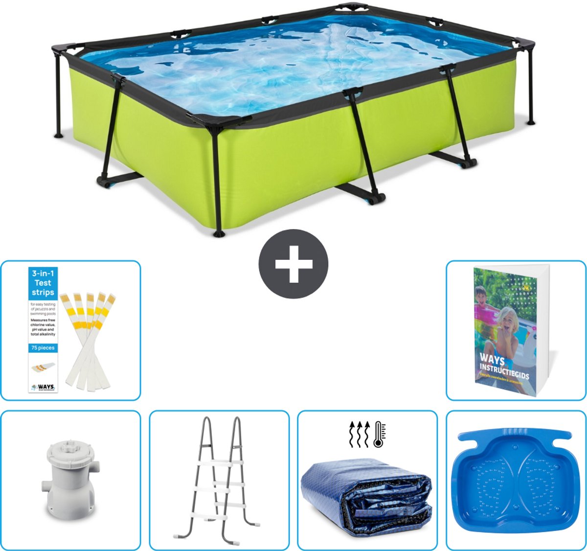 EXIT Rechthoekig Lime Frame Zwembad - 300 x 200 x 65 cm - Inclusief Pomp - Ladder - Solarzeil - Voetenbad - 7-delig