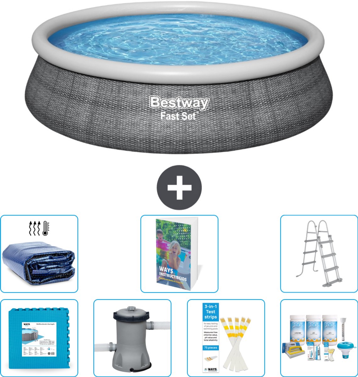 Bestway Rond Opblaasbaar Fast Set Zwembad - Rotanprint - 457 x 107 cm - Inclusief Pomp - Ladder - Onderhoudspakket - Solarzeil - Vloertegels - 8-delig
