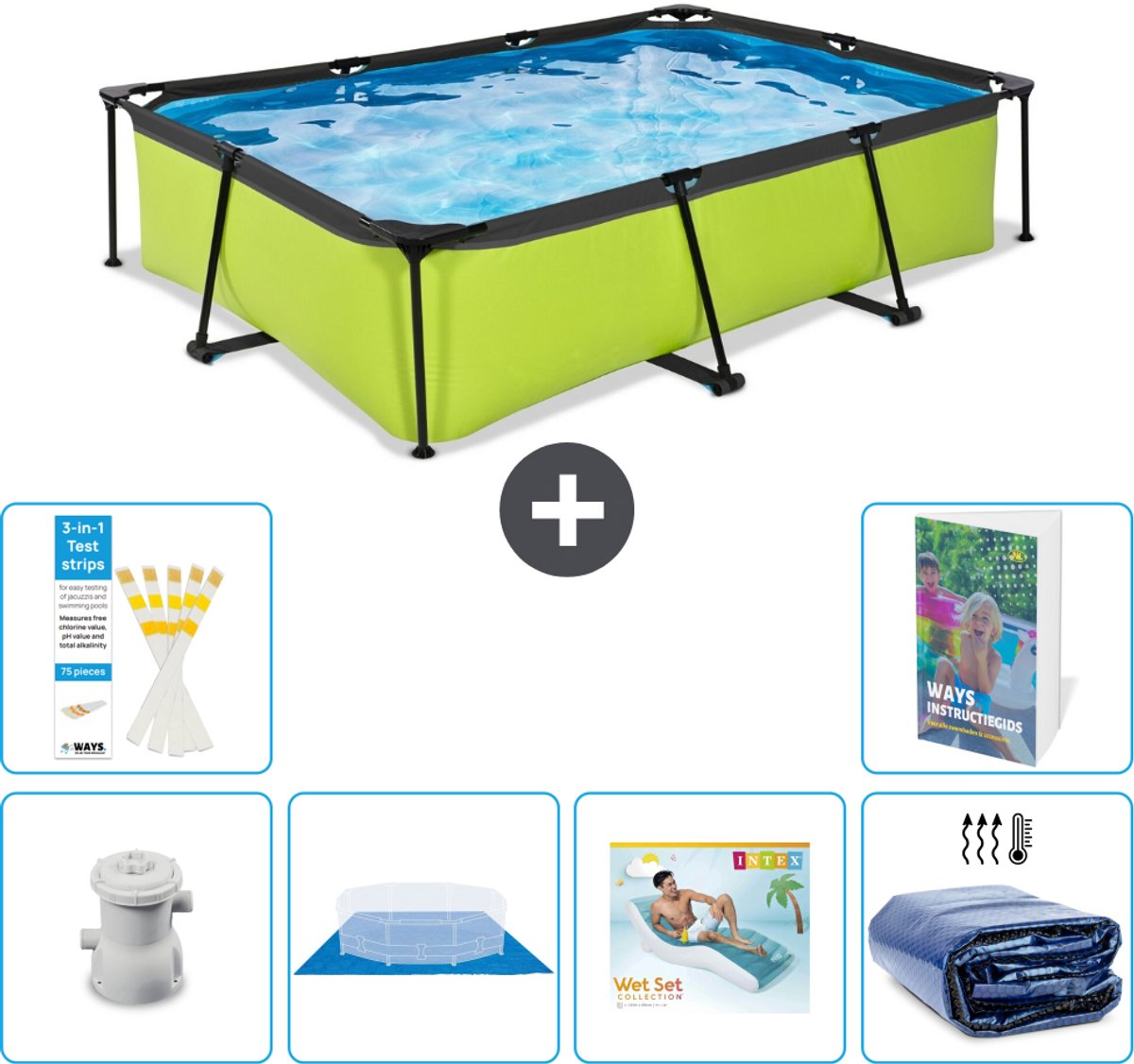 EXIT Rechthoekig Lime Frame Zwembad - 300 x 200 x 65 cm - Inclusief Pomp - Grondzeil - Loungebed - Solarzeil - 7-delig