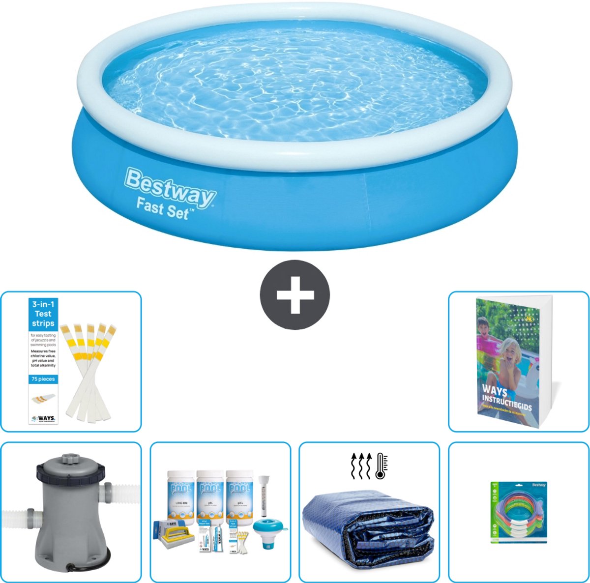 Bestway Rond Opblaasbaar Fast Set Zwembad - 366 x 76 cm - Blauw - Inclusief Pomp - Onderhoudspakket - Solarzeil - Speelgoed - 7-delig