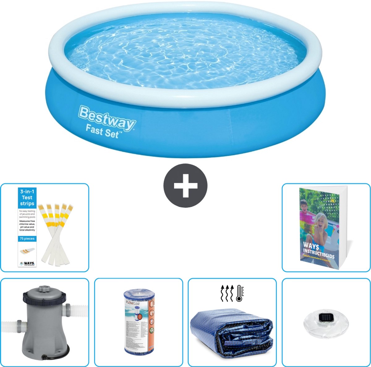 Bestway Rond Opblaasbaar Fast Set Zwembad - 366 x 76 cm - Blauw - Inclusief Pomp - Filter - Solarzeil - Verlichting - 7-delig