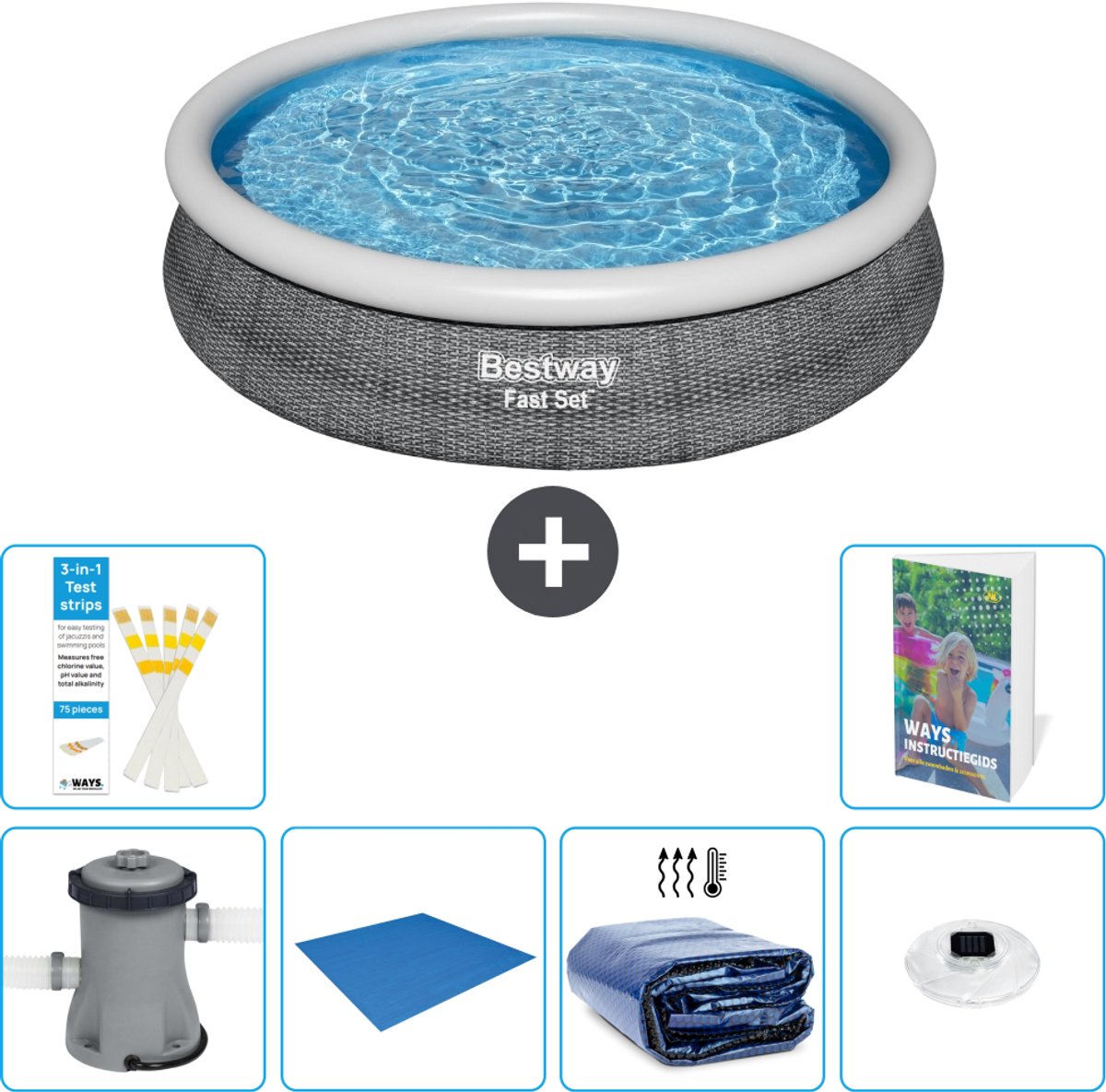 Bestway Rond Opblaasbaar Fast Set Zwembad - Rotanprint - 366 x 76 cm - Inclusief Pomp - Grondzeil - Solarzeil - Verlichting - 7-delig