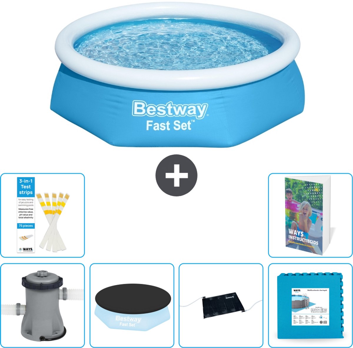 Bestway Rond Opblaasbaar Fast Set Zwembad - 244 x 61 cm - Blauw - Inclusief Pomp - Afdekzeil - Solar Mat - Vloertegels - 7-delig