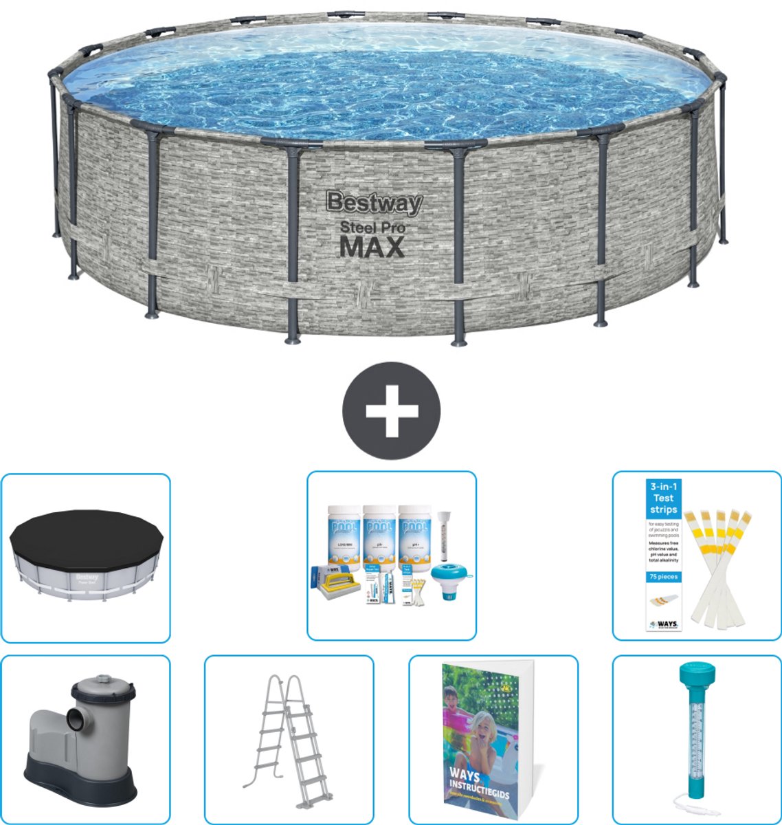 Bestway Rond Steel Pro MAX Zwembad - Steenprint - 488 x 122 cm - Inclusief Pomp - Ladder - Afdekzeil - Onderhoudspakket - Thermometer - 8-delig