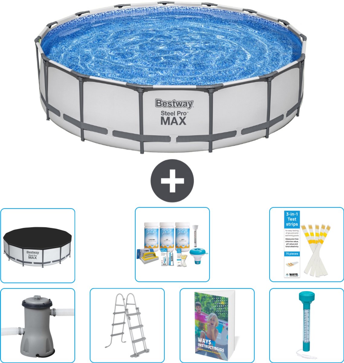 Bestway Rond Steel Pro MAX Zwembad - 457 x 107 cm - Grijs - Inclusief Pomp - Ladder - Afdekzeil - Onderhoudspakket - Thermometer - 8-delig