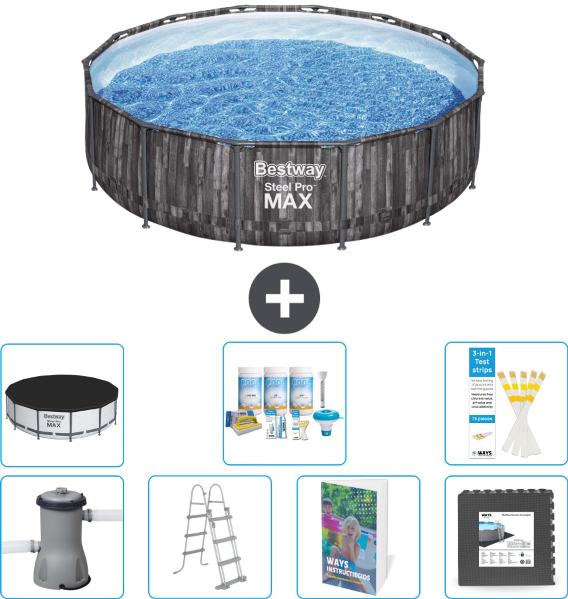 Bestway Rond Steel Pro MAX Zwembad - Houtprint - 427 x 107 cm - Inclusief Pomp - Ladder - Afdekzeil - Onderhoudspakket - Vloertegels - 8-delig