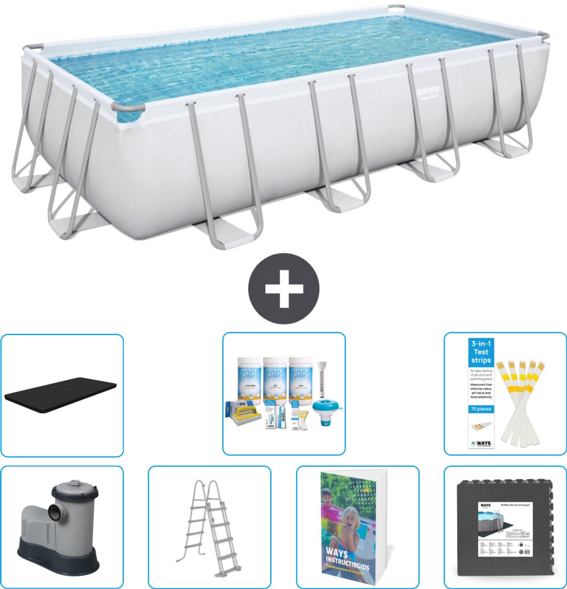 Bestway Rechthoekig Power Steel Zwembad - 549 x 274 x 122 - Grijs - Inclusief Pomp - Ladder - Afdekzeil - Onderhoudspakket - Vloertegels - 8-delig