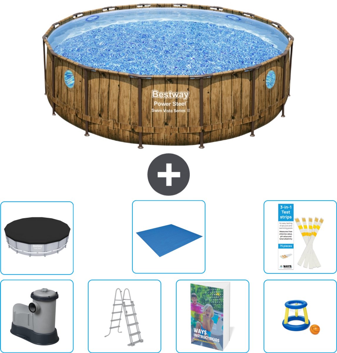 Bestway Rond Power Steel Swim Vista Zwembad - Houtprint - 488 x 122 - Inclusief Pomp - Ladder - Afdekzeil - Grondzeil - Speelgoed - 8-delig