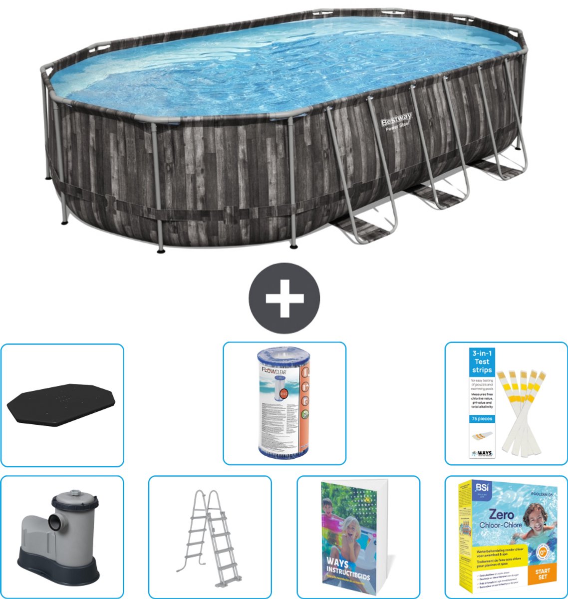 Bestway Ovaal Power Steel Zwembad - 610 x 366 x 122 - Grijs - Inclusief Pomp - Ladder - Afdekzeil - Filter - Onderhoudspakket - 8-delig
