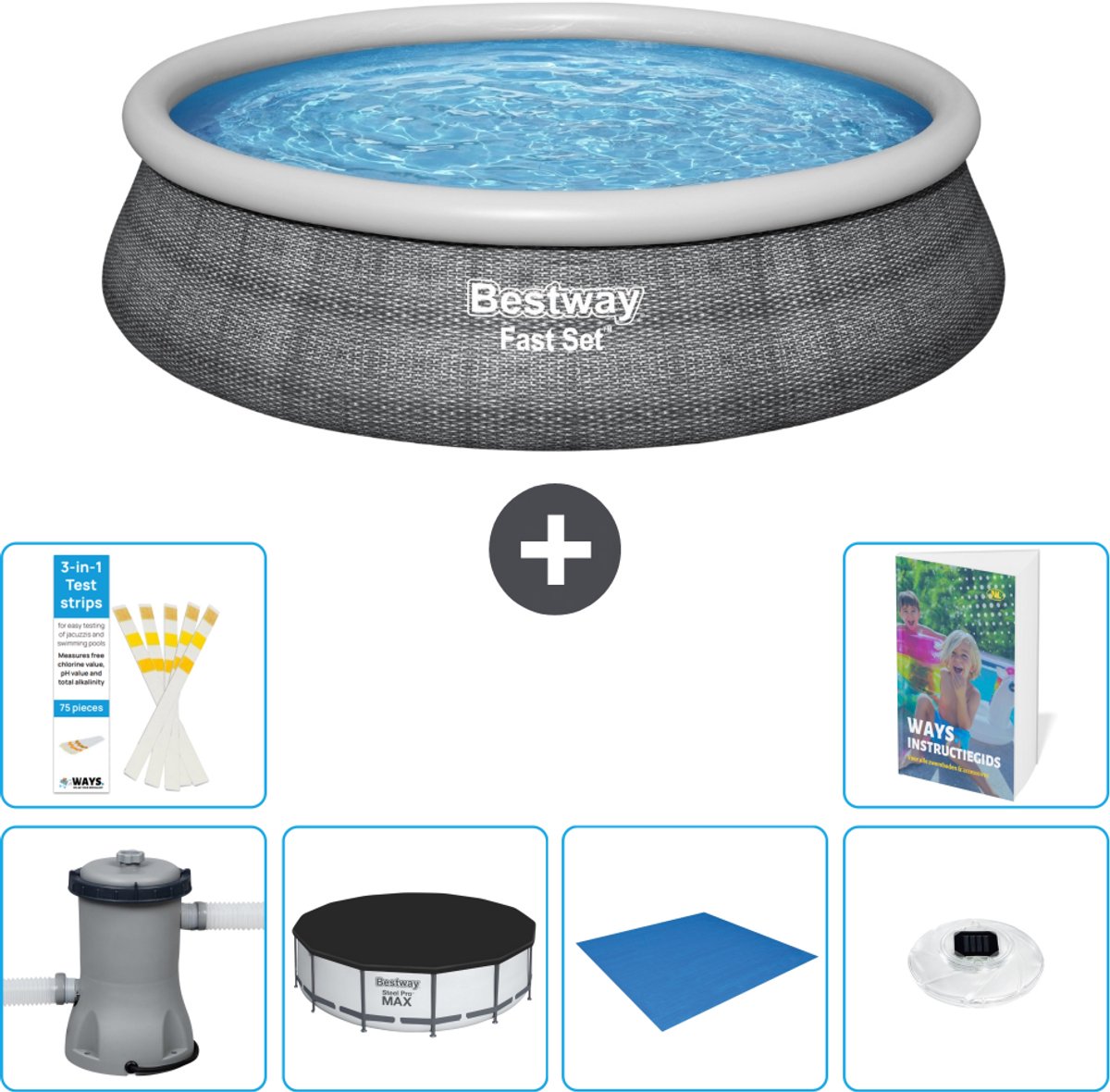 Bestway Rond Opblaasbaar Fast Set Zwembad - Rotanprint - 457 x 84 cm - Inclusief Pomp - Afdekzeil - Grondzeil - Verlichting - 7-delig