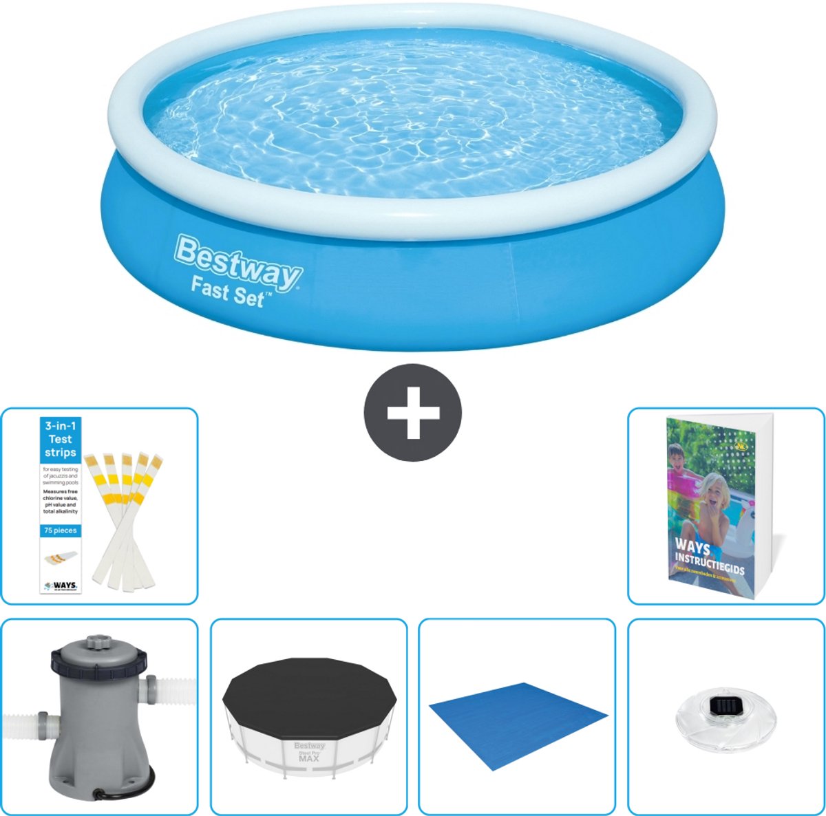 Bestway Rond Opblaasbaar Fast Set Zwembad - 366 x 76 cm - Blauw - Inclusief Pomp - Afdekzeil - Grondzeil - Verlichting - 7-delig