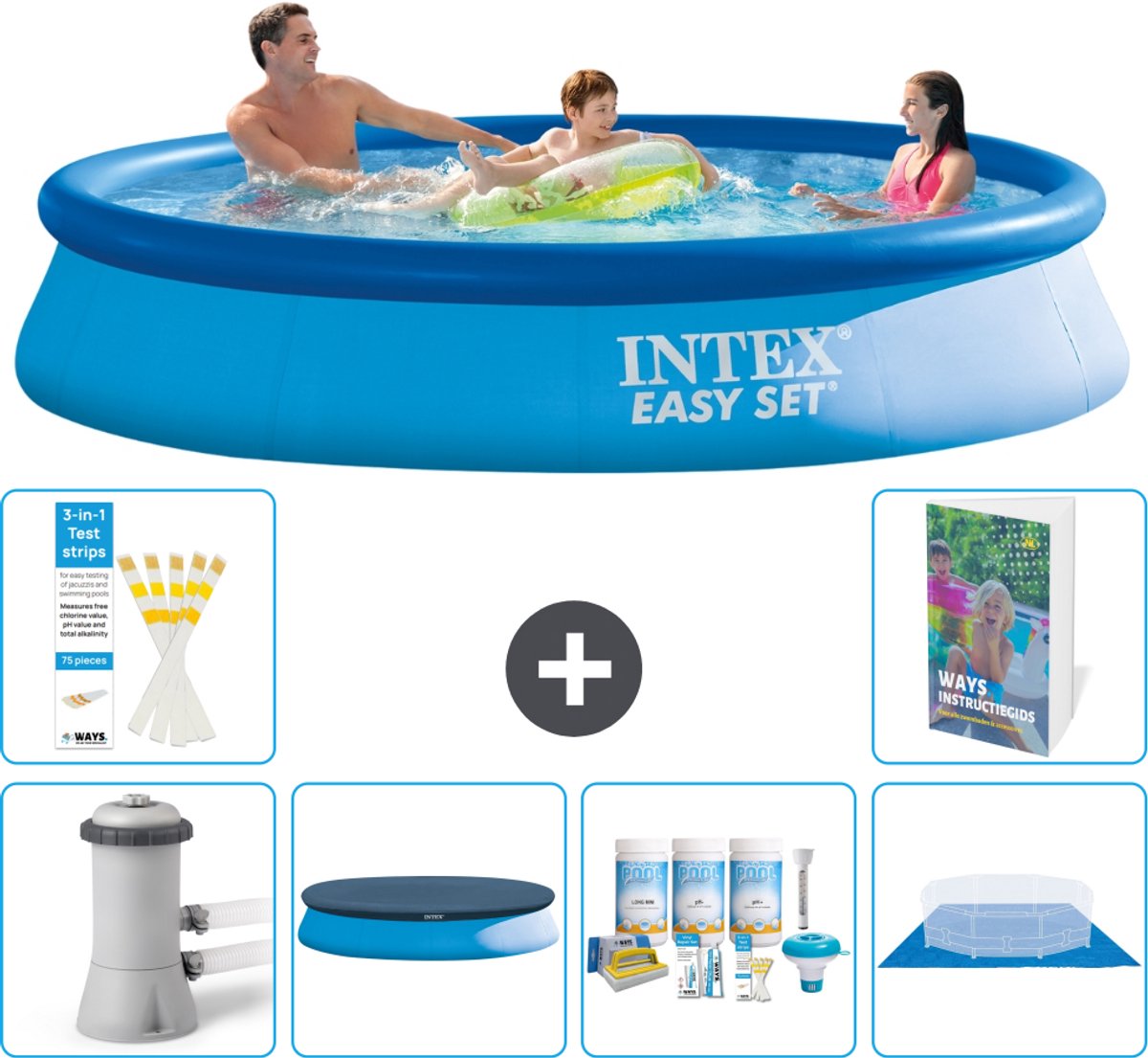 Intex Rond Opblaasbaar Easy Set Zwembad - 366 x 76 cm - Blauw - Inclusief Pomp - Afdekzeil - Onderhoudspakket - Grondzeil - 7-delig