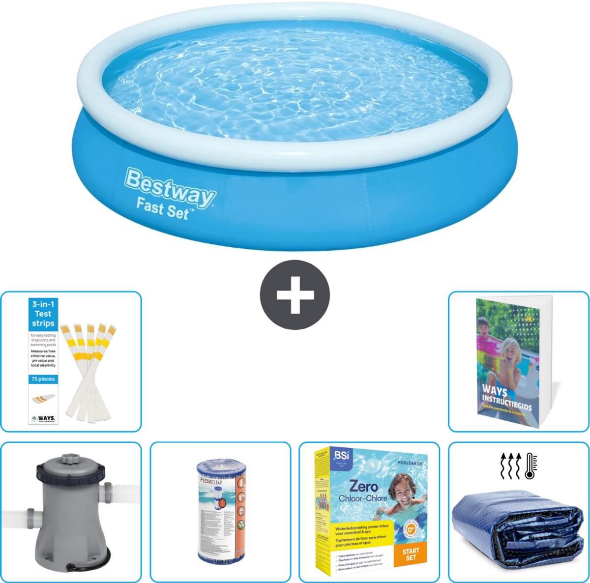 Bestway Rond Opblaasbaar Fast Set Zwembad - 366 x 76 cm - Blauw - Inclusief Pomp - Filter - Onderhoudspakket - Solarzeil - 7-delig