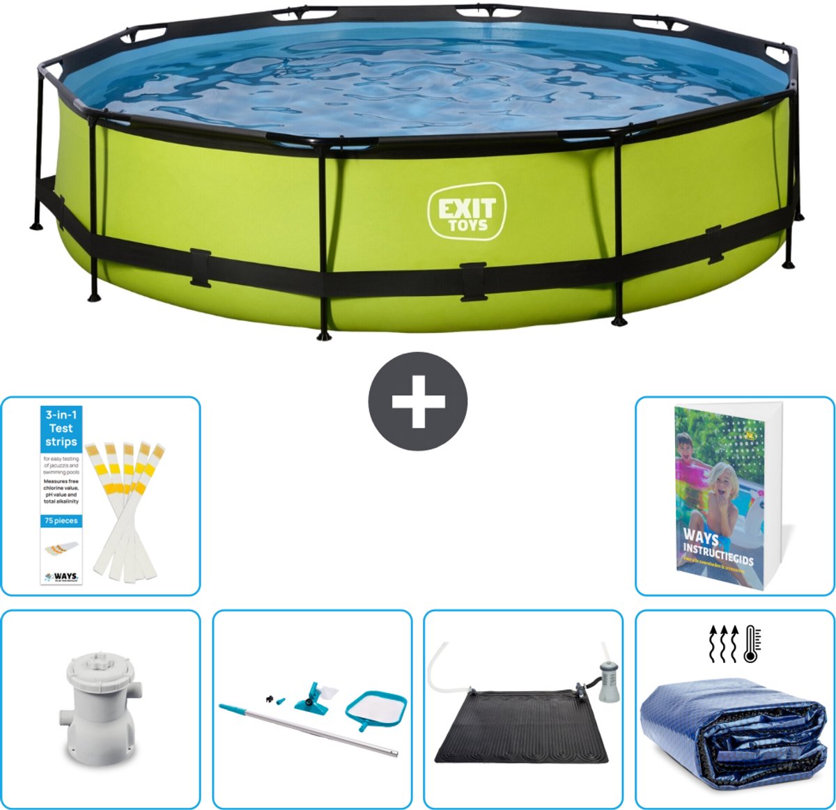 EXIT Rond Lime Frame Zwembad - 360 x 76 cm - Inclusief Pomp - Schoonmaakset - Solar Mat - Solarzeil - 7-delig