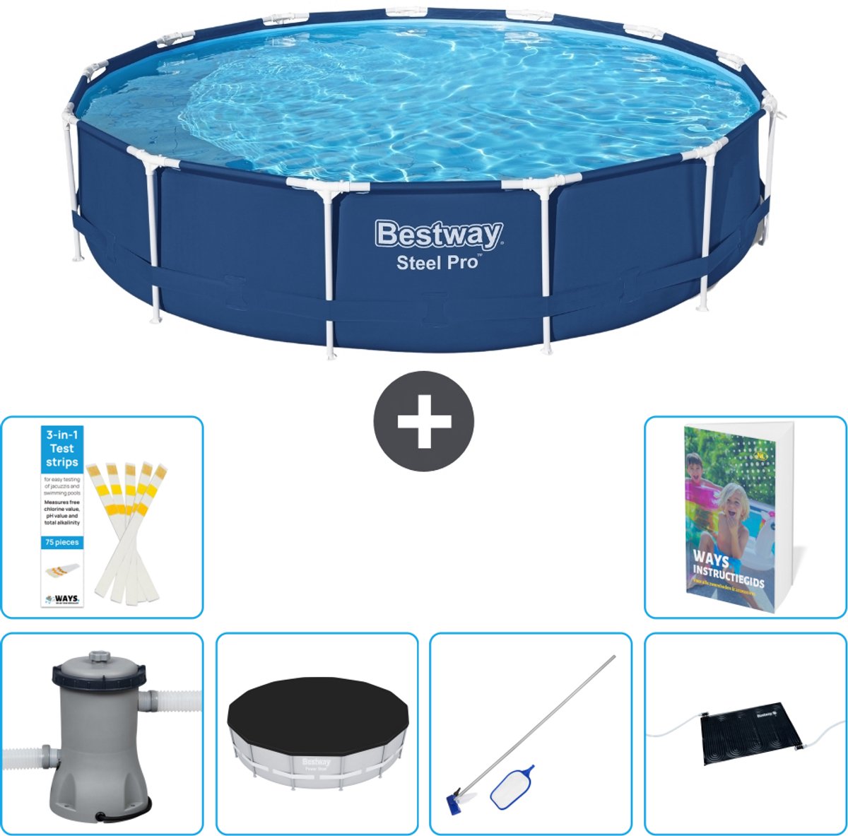 Bestway Rond Steel Pro Zwembad - 396 x 84 cm - Blauw - Inclusief Pomp - Afdekzeil - Schoonmaakset - Solar Mat - 7-delig