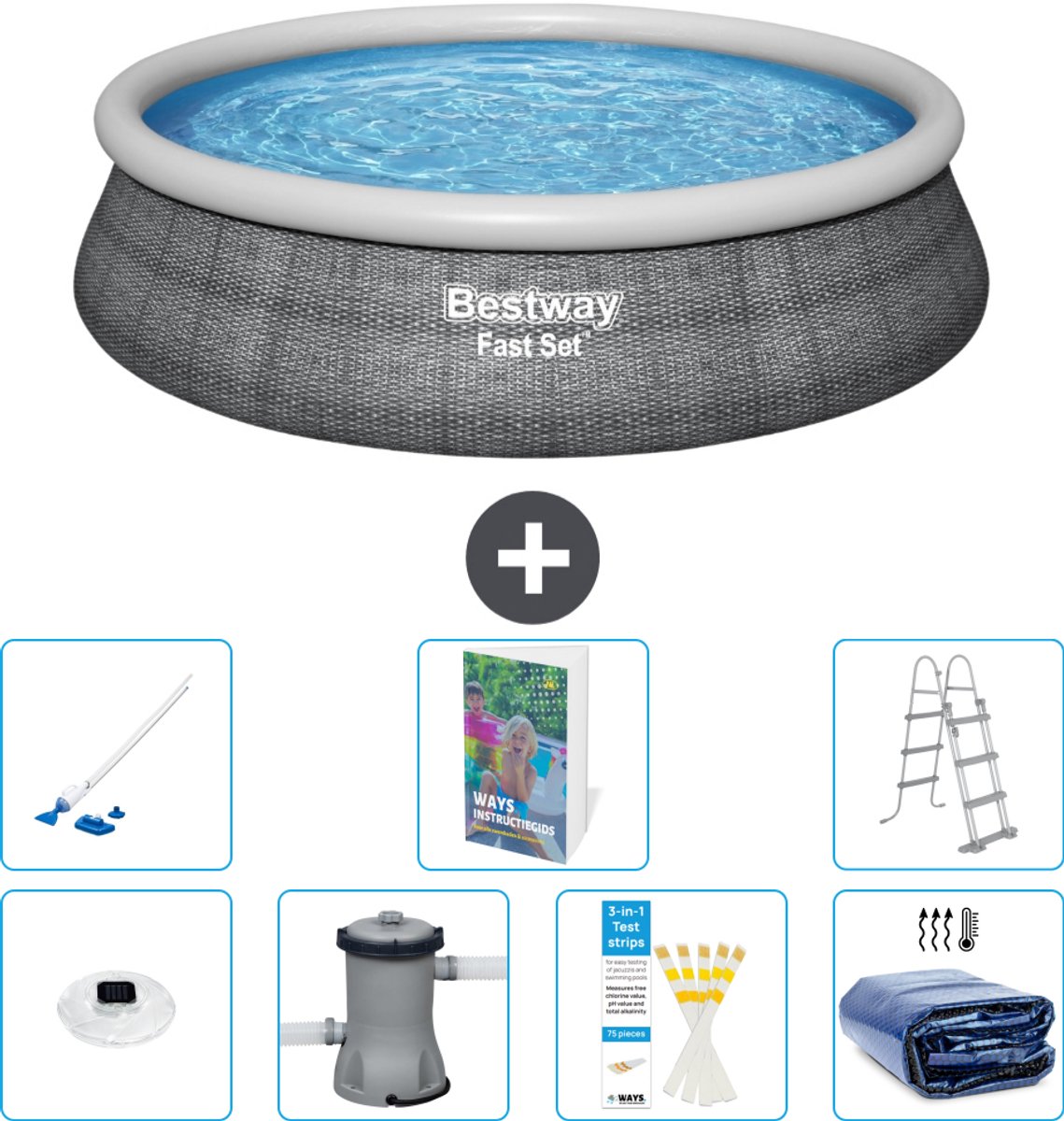 Bestway Rond Opblaasbaar Fast Set Zwembad - Rotanprint - 457 x 107 cm - Inclusief Pomp - Ladder - Solarzeil - Stofzuiger - Verlichting - 8-delig