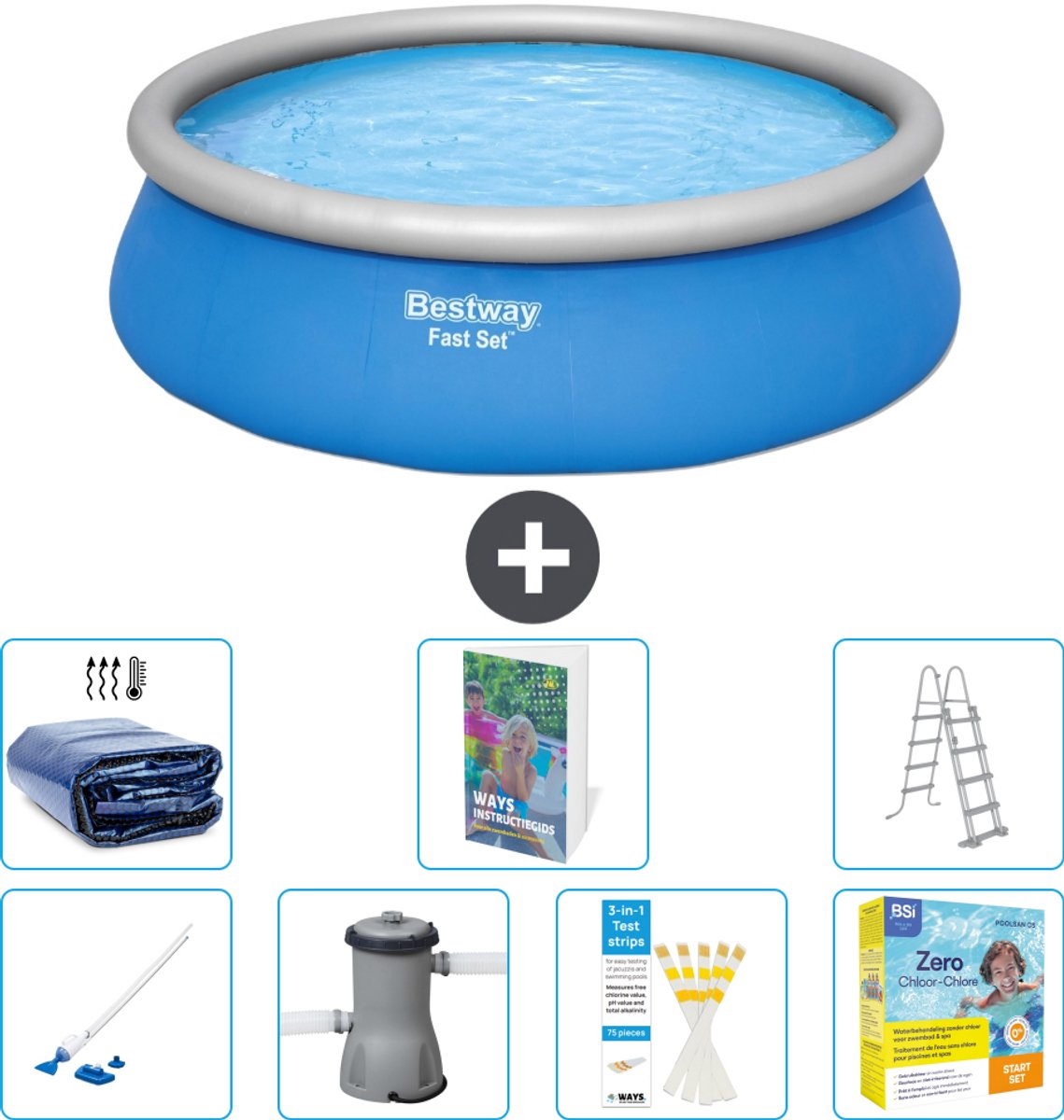 Bestway Rond Opblaasbaar Fast Set Zwembad - 457 x 122 cm - Blauw - Inclusief Pomp - Ladder - Onderhoudspakket - Solarzeil - Stofzuiger - 8-delig
