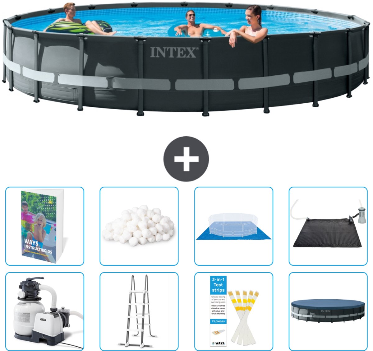 Intex Rond Ultra XTR Frame Zwembad - 610 x 122 cm - Inclusief Pomp - Ladder - Grondzeil - Afdekzeil - Filterbollen - Solar Mat - 9-delig