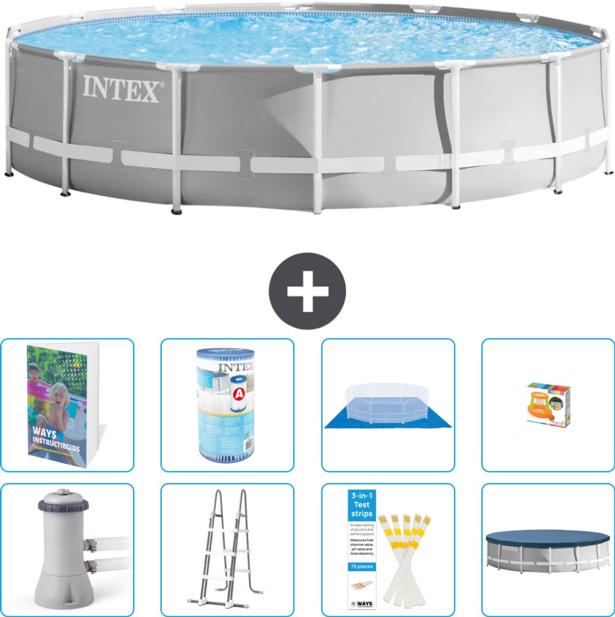 Intex Rond Prism Frame Zwembad - 427 x 107 cm - Grijs - Inclusief Pomp - Ladder - Grondzeil - Afdekzeil - Filter - Speelgoed - 9-delig