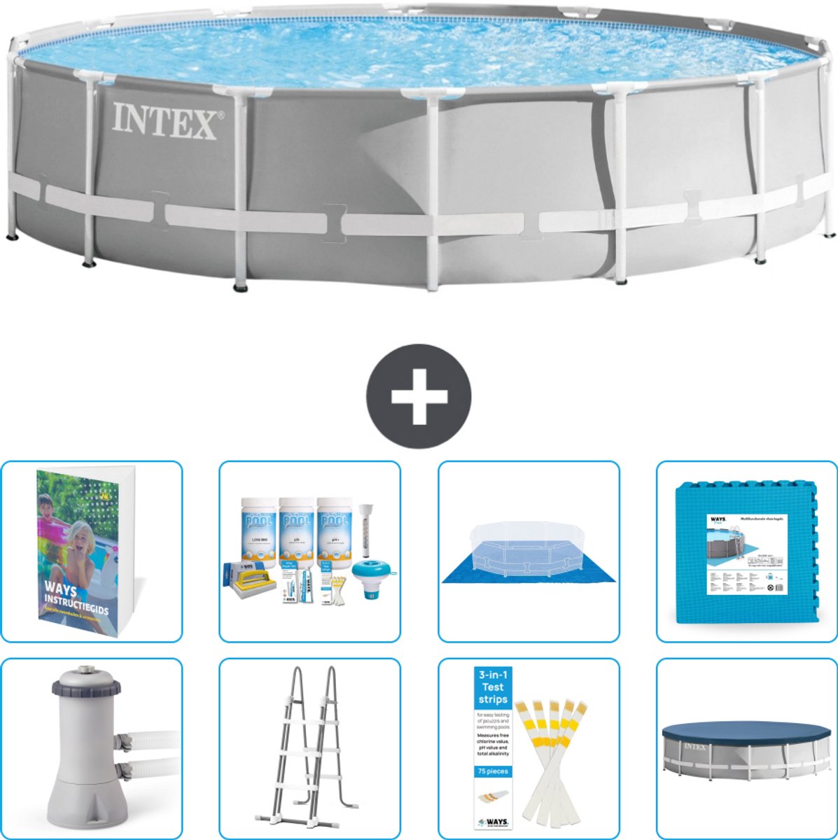 Intex Rond Prism Frame Zwembad - 427 x 107 cm - Grijs - Inclusief Pomp - Ladder - Grondzeil - Afdekzeil - Onderhoudspakket - Vloertegels - 9-delig