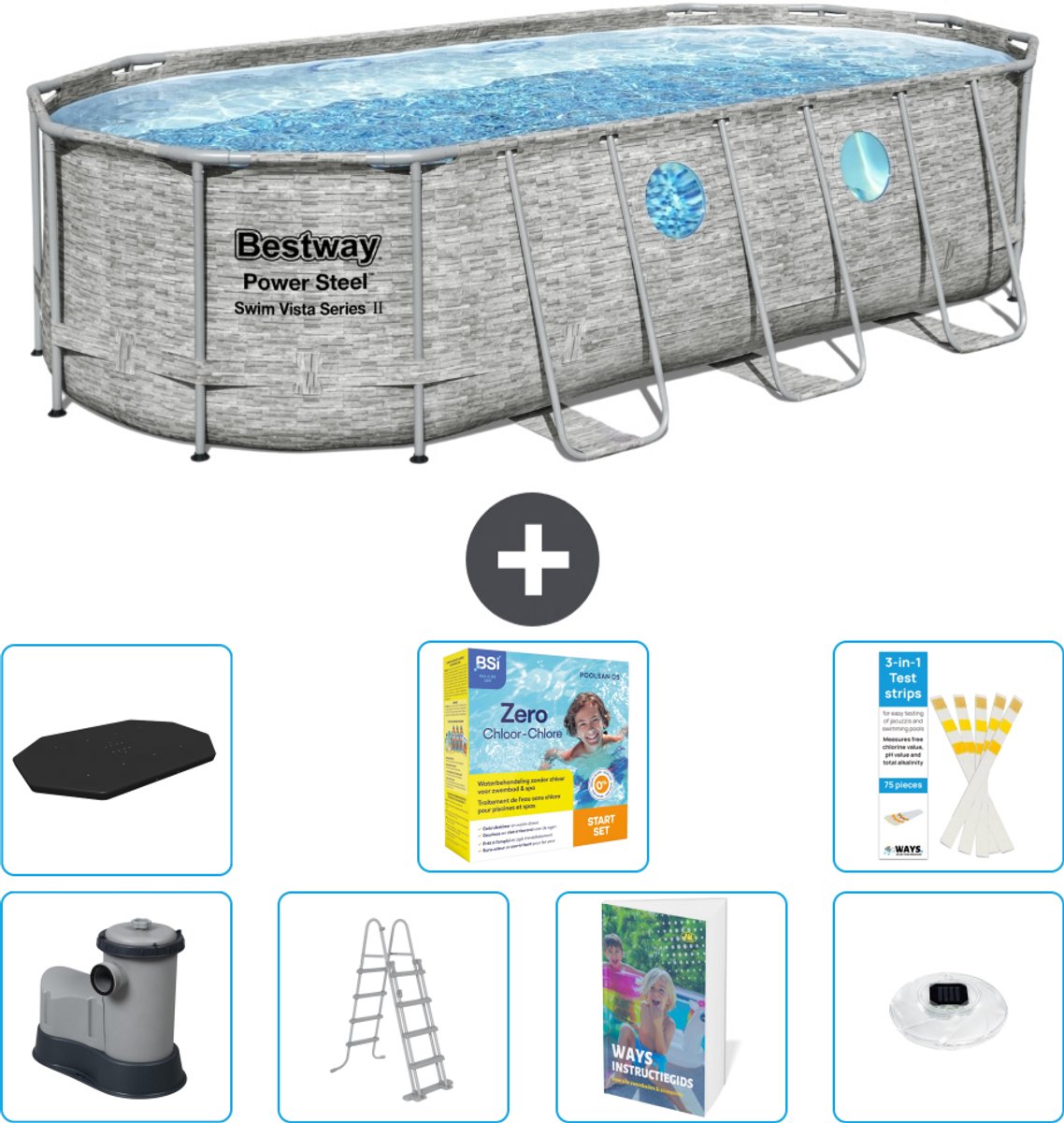 Bestway Ovaal Power Steel Swim Vista Zwembad - Steenprint - 549 x 274 x 122 - Inclusief Pomp - Ladder - Afdekzeil - Onderhoudspakket - Verlichting - 8-delig
