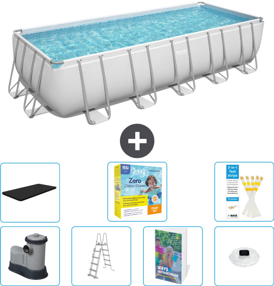 Bestway Rechthoekig Power Steel Zwembad - 640 x 274 x 132 - Grijs - Inclusief Pomp - Ladder - Afdekzeil - Onderhoudspakket - Verlichting - 8-delig