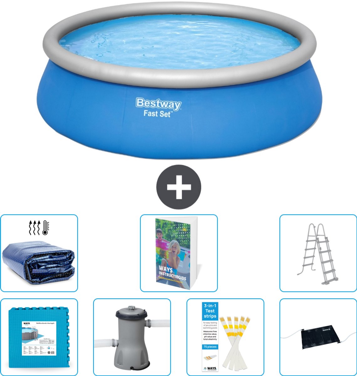 Bestway Rond Opblaasbaar Fast Set Zwembad - 457 x 122 cm - Blauw - Inclusief Pomp - Ladder - Solar Mat - Solarzeil - Vloertegels - 8-delig