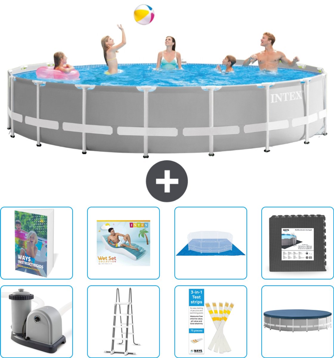 Intex Rond Prism Frame Zwembad - 548 x 122 cm - Grijs - Inclusief Pomp - Ladder - Grondzeil - Afdekzeil - Loungebed - Vloertegels - 9-delig