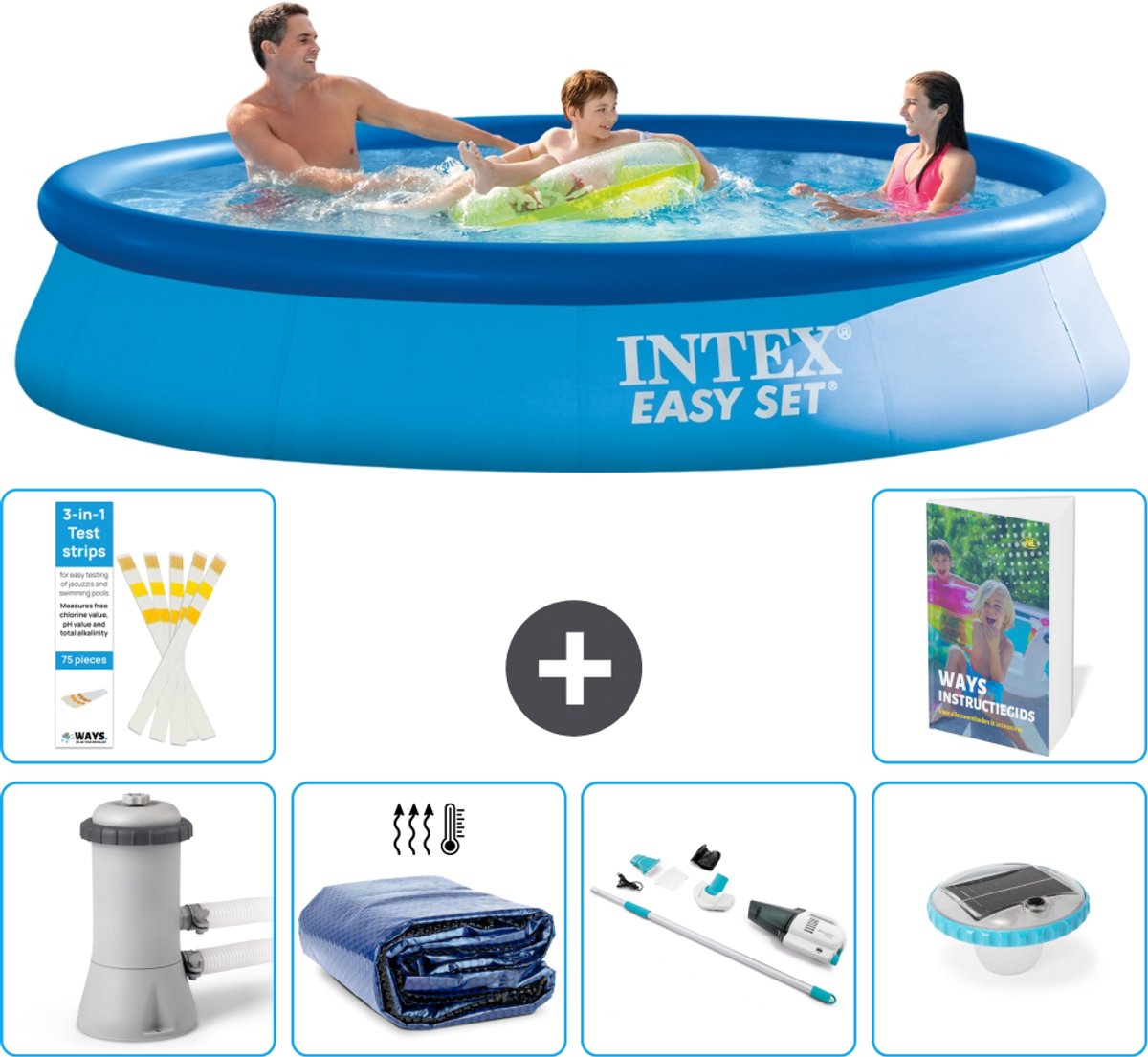Intex Rond Opblaasbaar Easy Set Zwembad - 366 x 76 cm - Blauw - Inclusief Pomp - Solarzeil - Stofzuiger - Verlichting - 7-delig