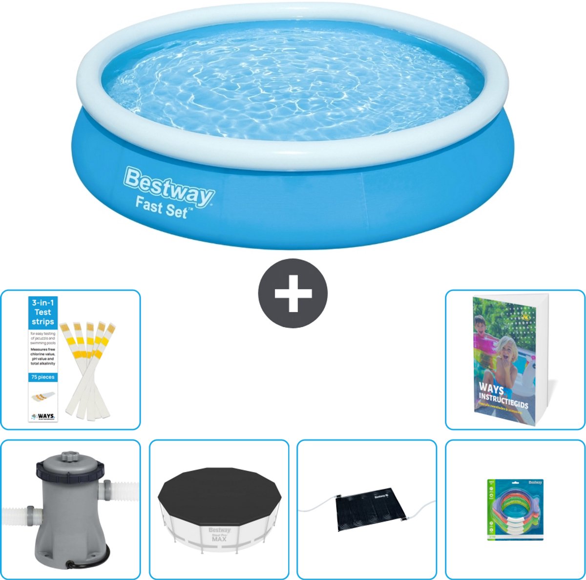 Bestway Rond Opblaasbaar Fast Set Zwembad - 366 x 76 cm - Blauw - Inclusief Pomp - Afdekzeil - Solar Mat - Speelgoed - 7-delig