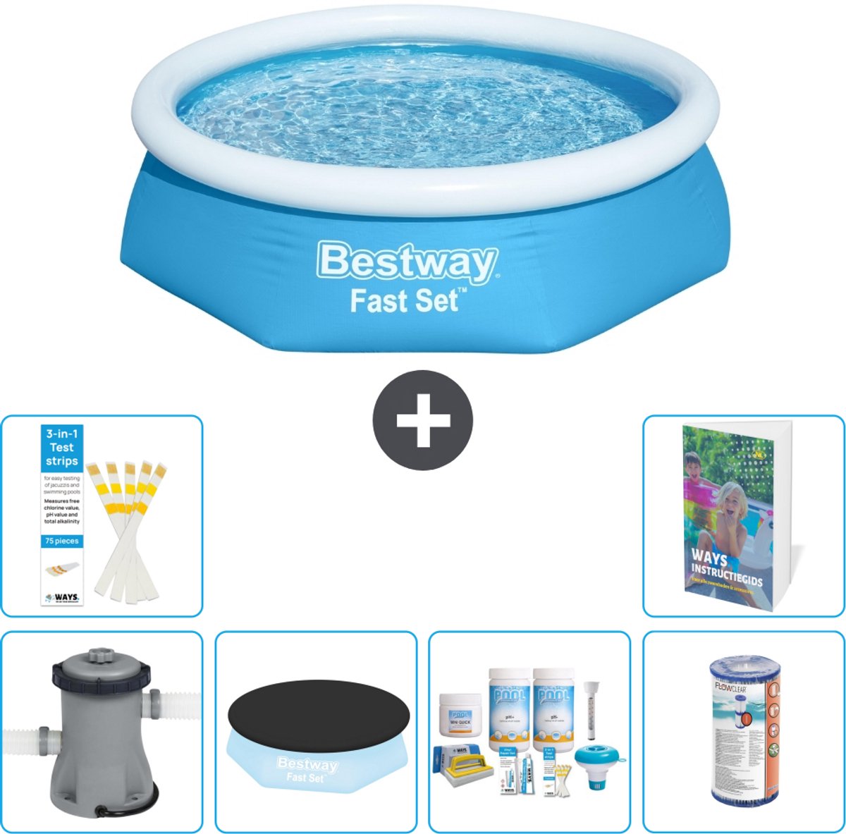 Bestway Rond Opblaasbaar Fast Set Zwembad - 244 x 61 cm - Blauw - Inclusief Pomp - Afdekzeil - Onderhoudspakket - Filter - 7-delig