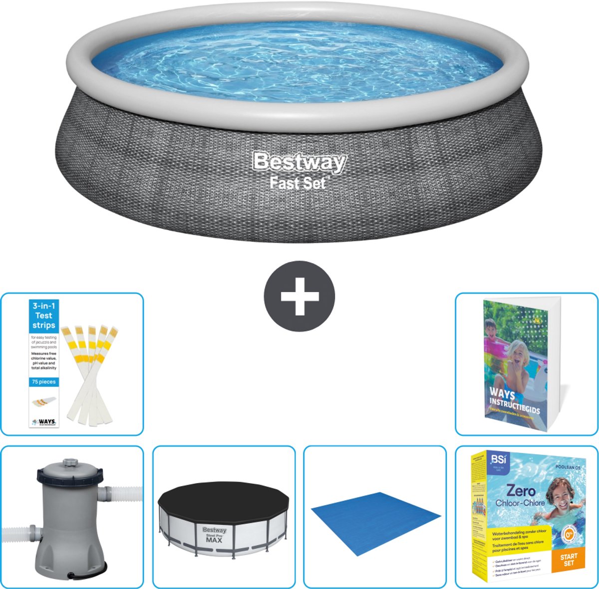Bestway Rond Opblaasbaar Fast Set Zwembad - Rotanprint - 457 x 84 cm - Inclusief Pomp - Afdekzeil - Grondzeil - Onderhoudspakket - 7-delig