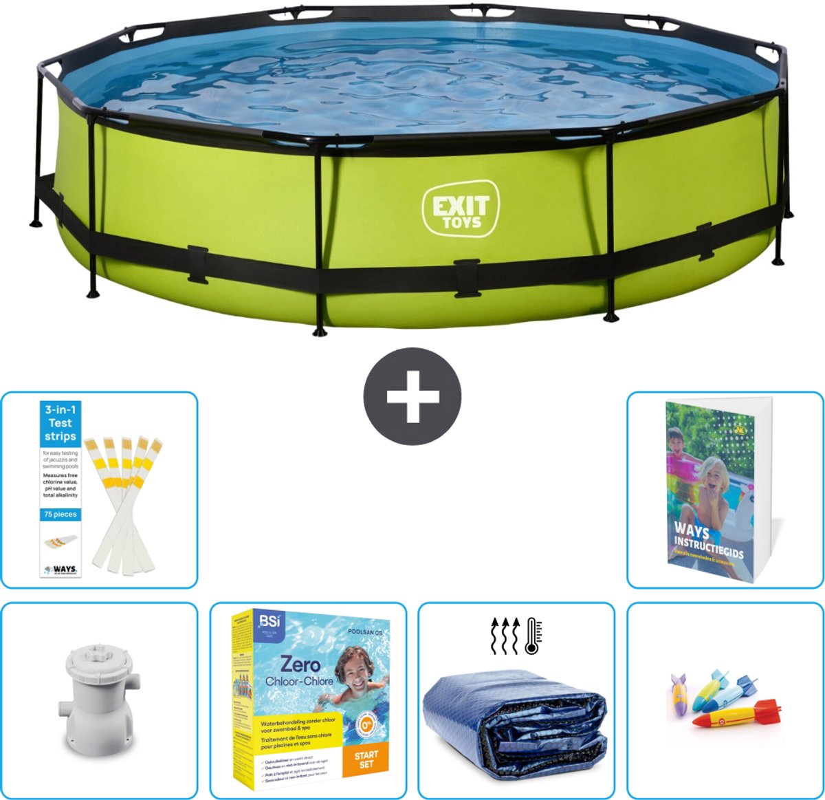 EXIT Rond Lime Frame Zwembad - 360 x 76 cm - Inclusief Pomp - Onderhoudspakket - Solarzeil - Speelgoed - 7-delig