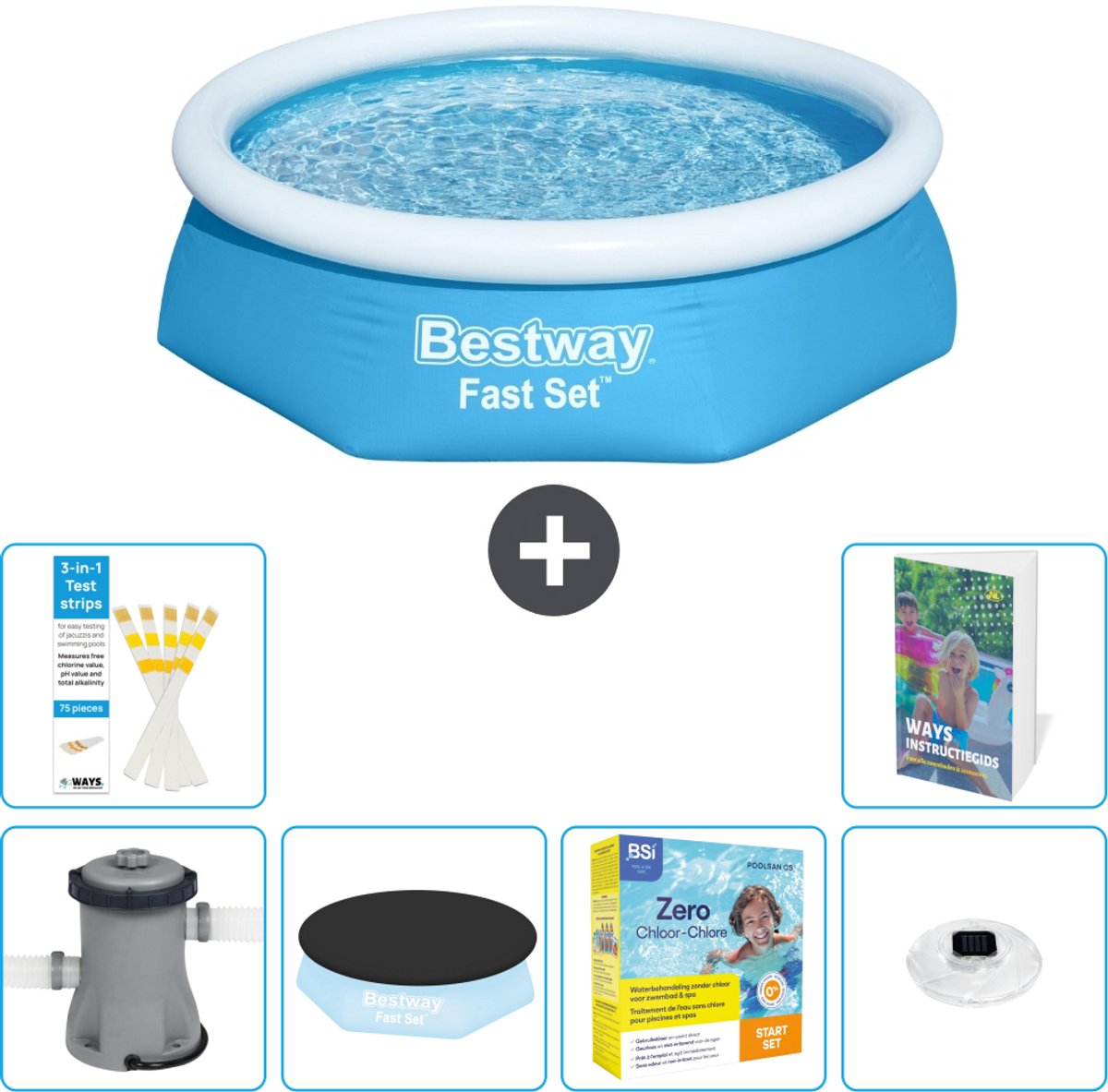 Bestway Rond Opblaasbaar Fast Set Zwembad - 244 x 61 cm - Blauw - Inclusief Pomp - Afdekzeil - Onderhoudspakket - Verlichting - 7-delig